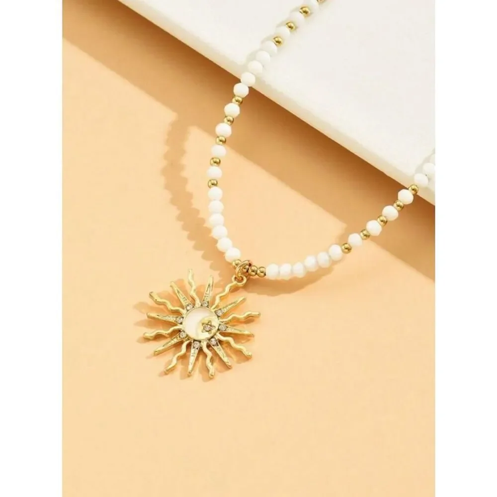 Gold Sun Pendant Beaded Necklace A1818